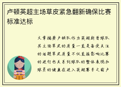 卢顿英超主场草皮紧急翻新确保比赛标准达标